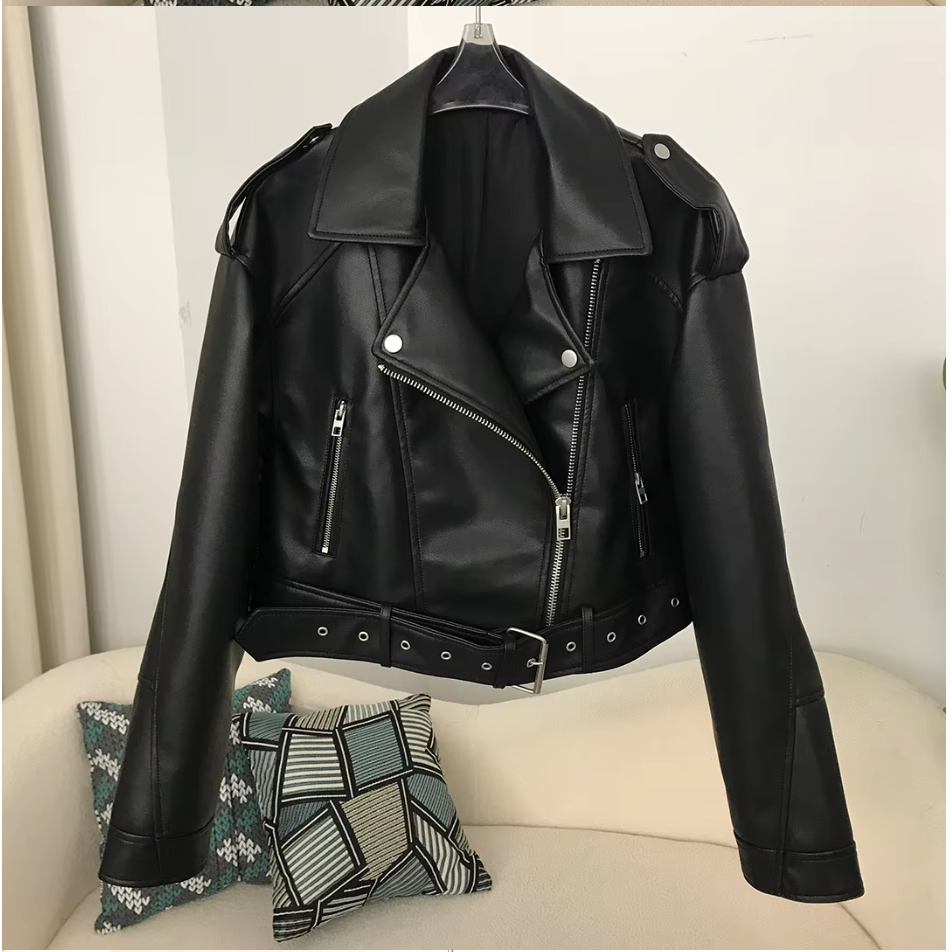 Cropped Faux PU Leather Biker Jacket
