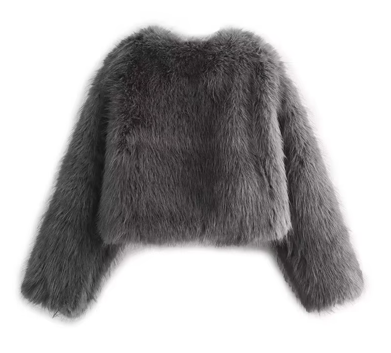 Grey O-Neck Fluffy Faux Fur Coat 