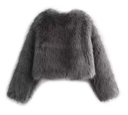 Grey O-Neck Fluffy Faux Fur Coat 