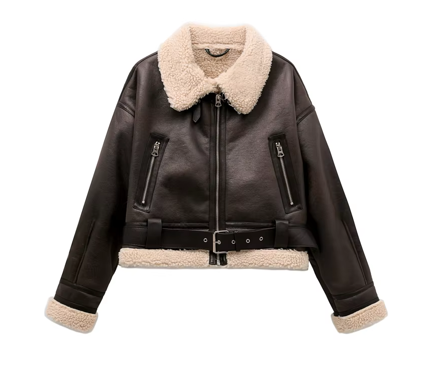 Faux Leather Biker Jacket – Short Faux Lamb Fur Jacket with Belt Faux Leather Biker Jacket – Short Faux Lamb Fur Jacket with Belt
