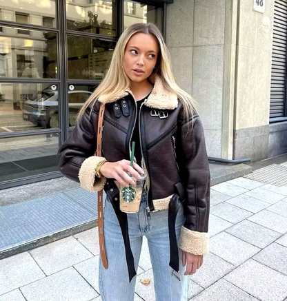 Faux Leather Biker Jacket – Short Faux Lamb Fur Jacket with Belt Faux Leather Biker Jacket – Short Faux Lamb Fur Jacket with Belt