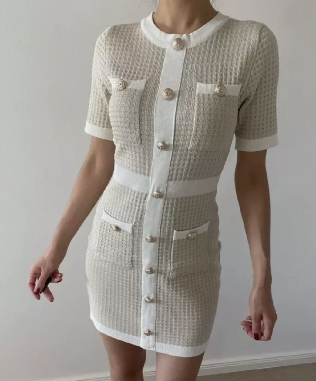 Knit Mini Bodycon Dress with Gold Button – Stretch Fit One Size