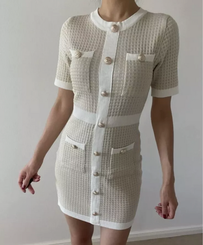 Knit Mini Bodycon Dress with Gold Button – Stretch Fit One Size