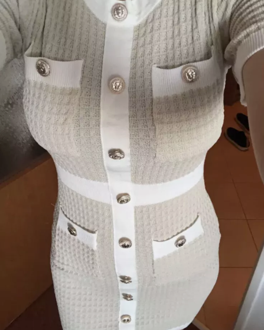 Knit Mini Bodycon Dress with Gold Button – Stretch Fit One Size