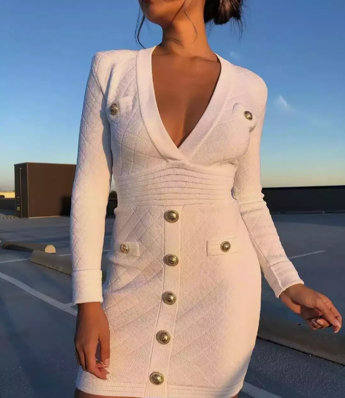 Knit Bodycon White Mini Dress With Gold Buttons 