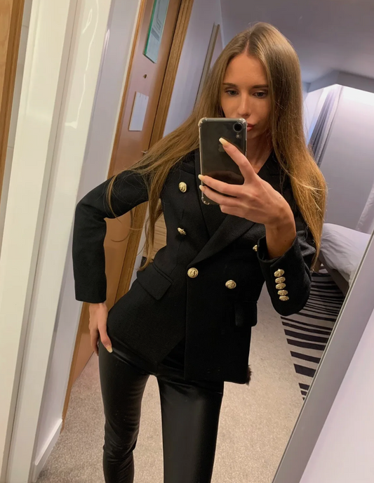 Textured Black Double Breasted Blazer With Gold Buttons - Slim Fit Jacket
