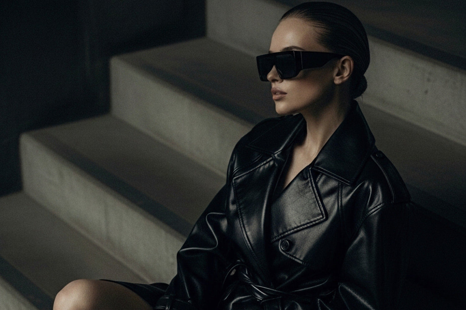 Woman in a black leather coat and sunglasses sitting on steps.