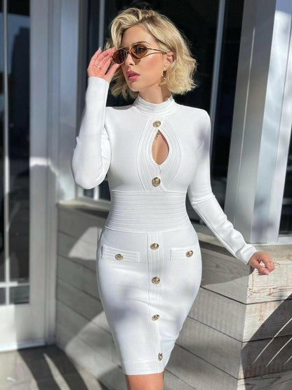 V-Neck Bandage Bodycon Dress - Sexy Long Sleeve Buttoned 