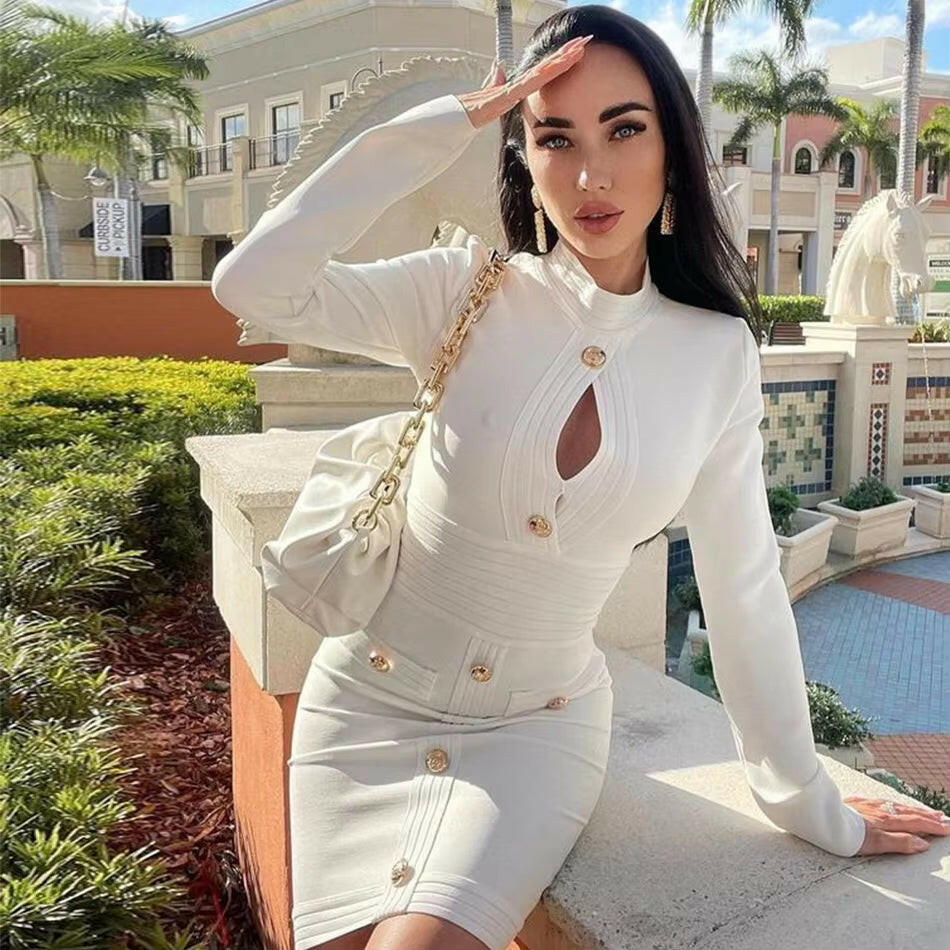 V-Neck Bandage Bodycon Dress - Sexy Long Sleeve Buttoned 