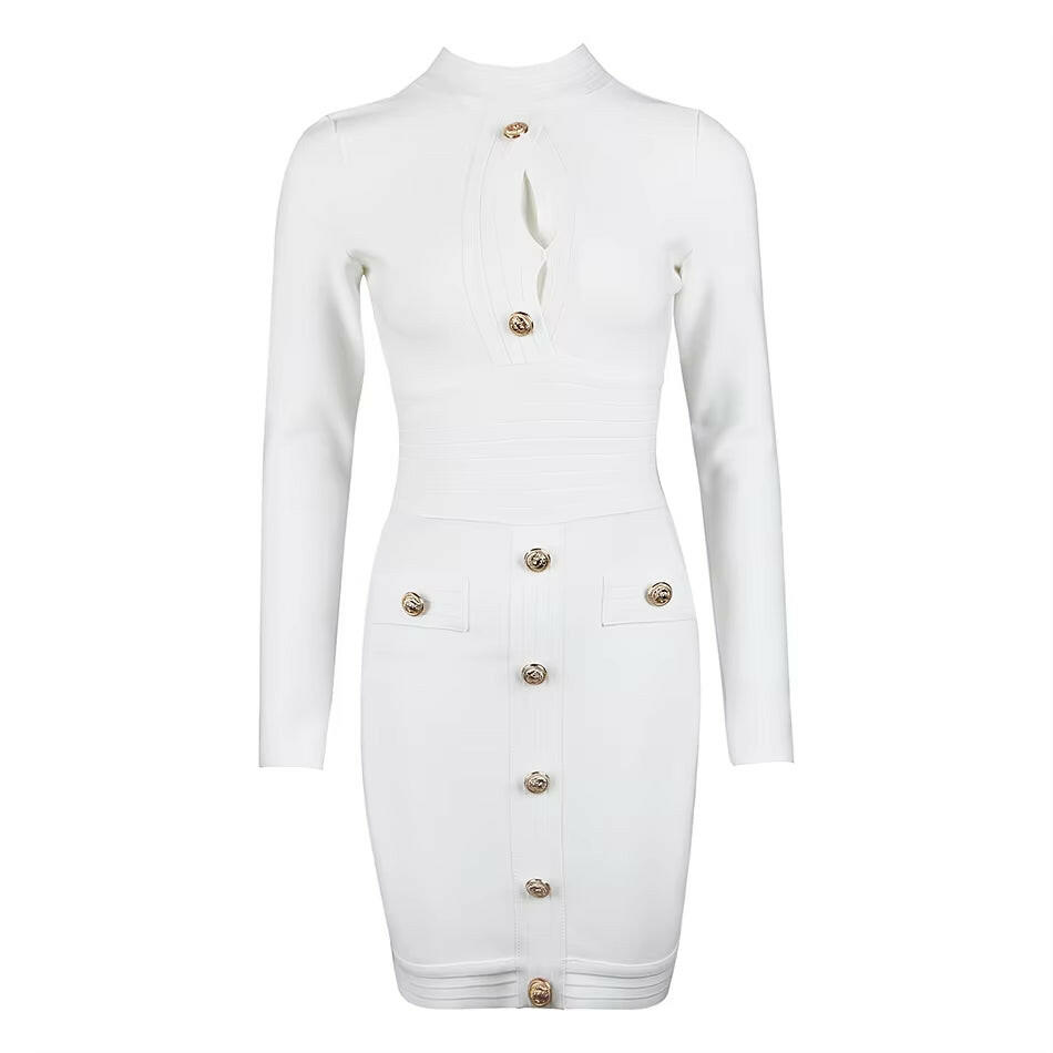 V-Neck Bandage Bodycon Dress - Sexy Long Sleeve Buttoned 