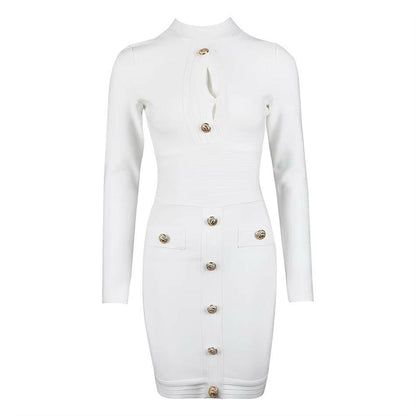 V-Neck Bandage Bodycon Dress - Sexy Long Sleeve Buttoned 
