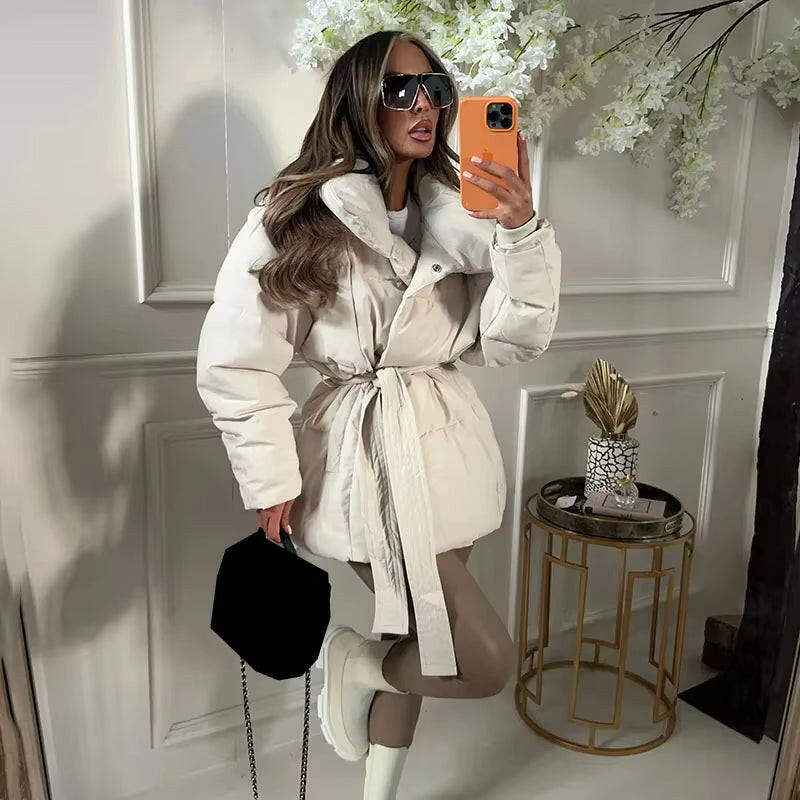 Thick Padded Parka Jacket - Tie Waist Coat with Collar