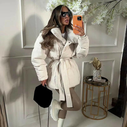 Thick Padded Parka Jacket - Tie Waist Coat with Collar