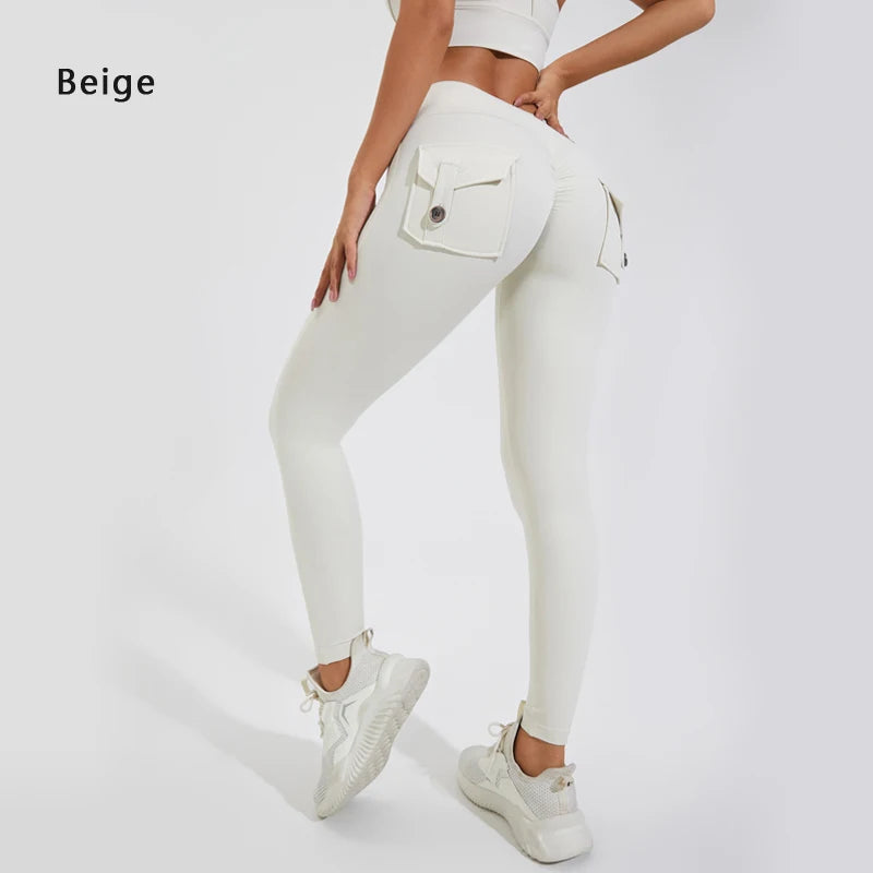 Side angle of beige High-Waisted Nylon Yoga Pants with Butt-Lifting Design
