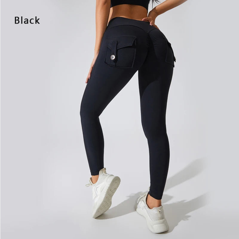 Back of Black High-Waisted Nylon Yoga Pants with Butt-Lifting Design