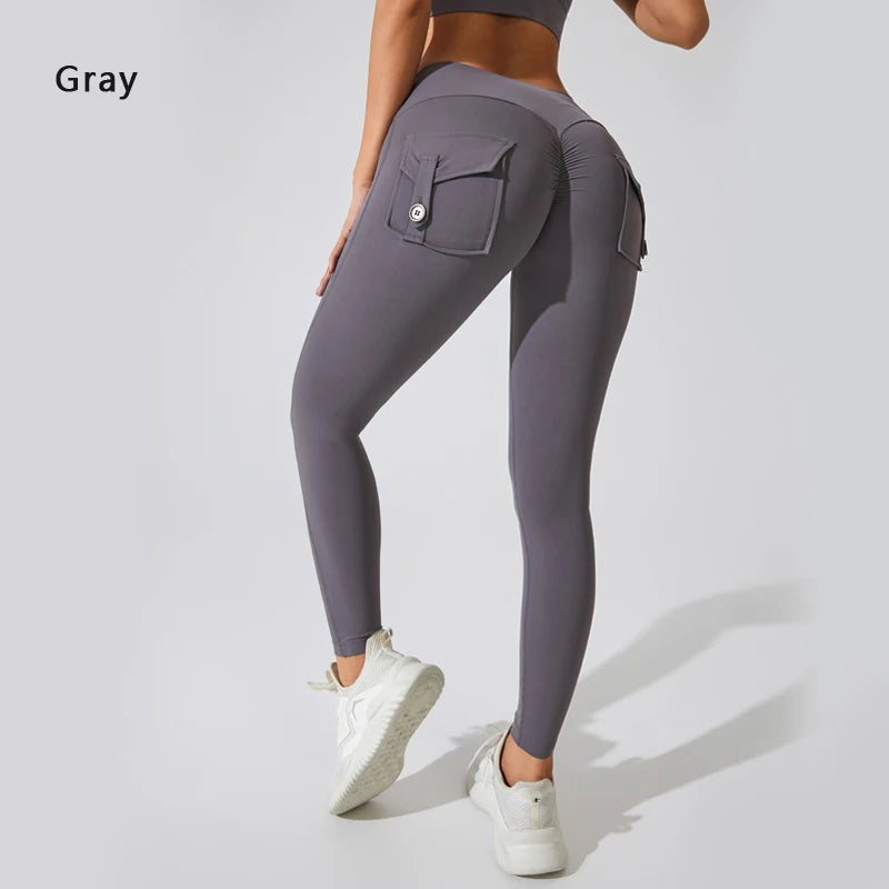 Back of Gray High-Waisted Nylon Yoga Pants with Butt-Lifting Design