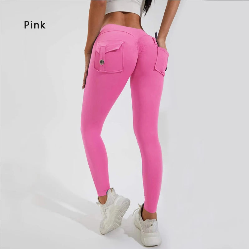 Back of Pink High-Waisted Nylon Yoga Pants with Butt-Lifting Design