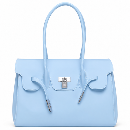 Blue Jelly Firkin Bag with a silver clasp on a white background