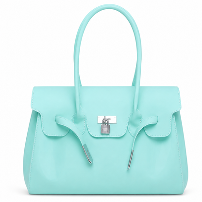 Light Blue Jelly Firkin Bag with a silver lock on a white background