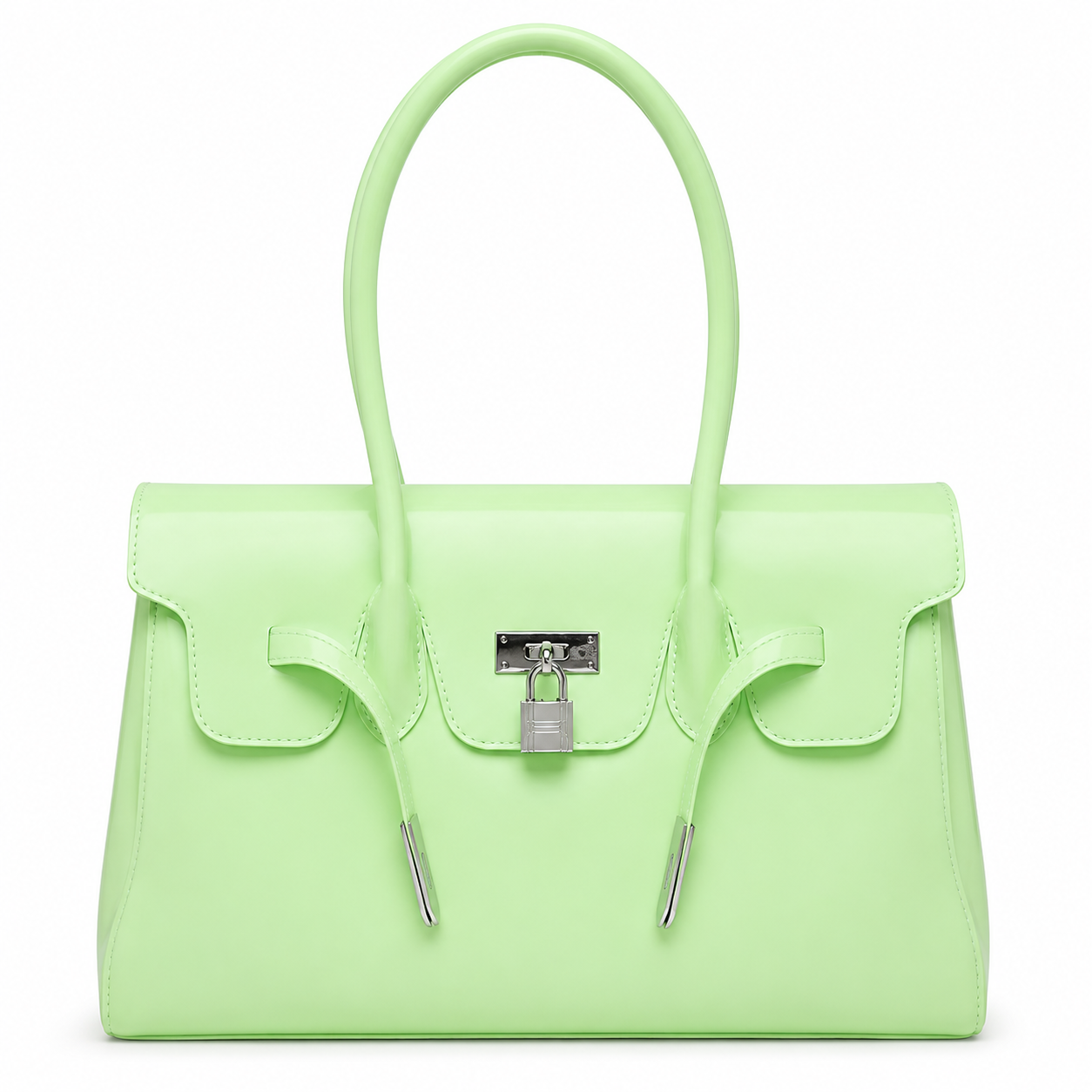 Light green Jelly Firkin Bag with a silver lock on a white background