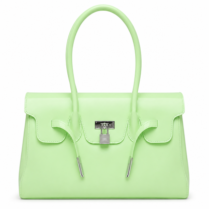 Light green Jelly Firkin Bag with a silver lock on a white background