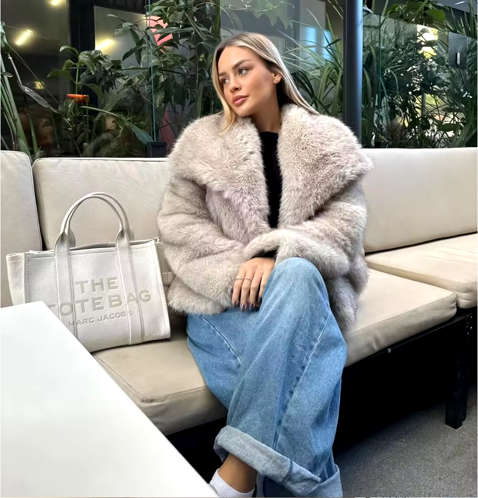 Model Wearing Stone Grey Faux Fur Oversized Jacket Coat as Seen On influencers Collar coat