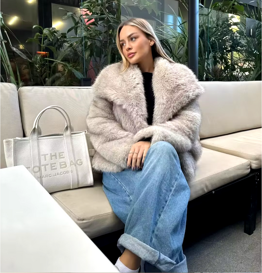 Model Wearing Stone Grey Faux Fur Oversized Jacket Coat as Seen On influencers Collar coat