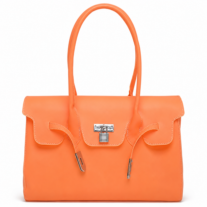 Orange Jelly Firkin Bag with a silver lock on a white background