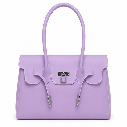Purple Jelly Firkin Bag with a silver lock on a white background