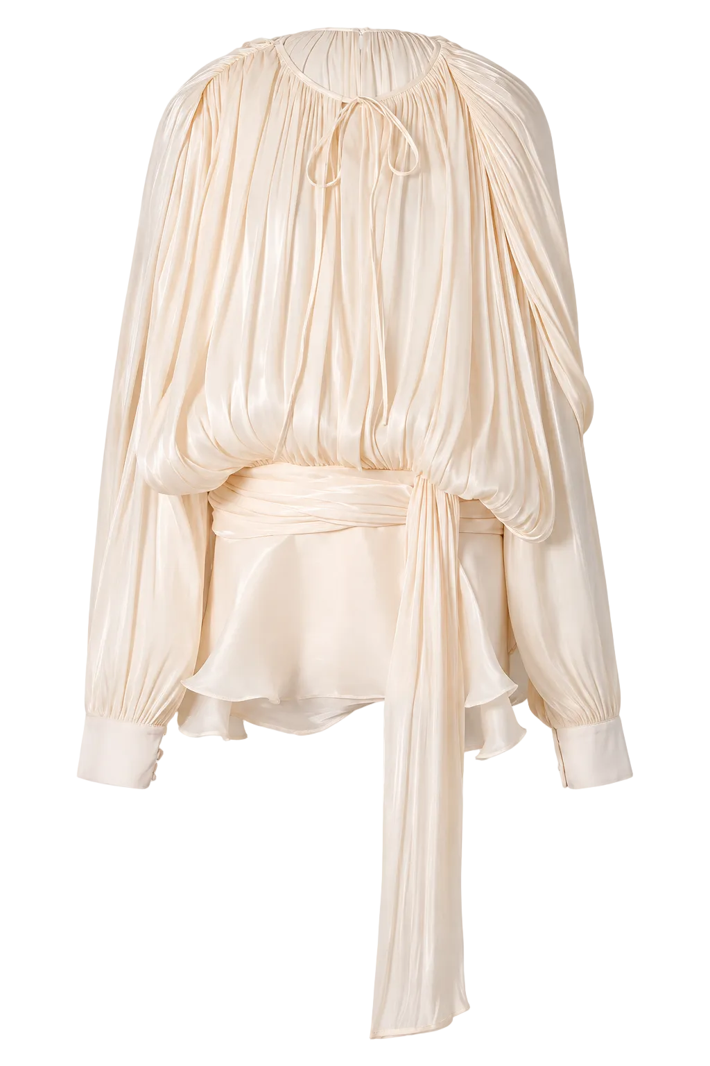 Beige apricot Ruffled dress with long sleeves and a draped design on a white background