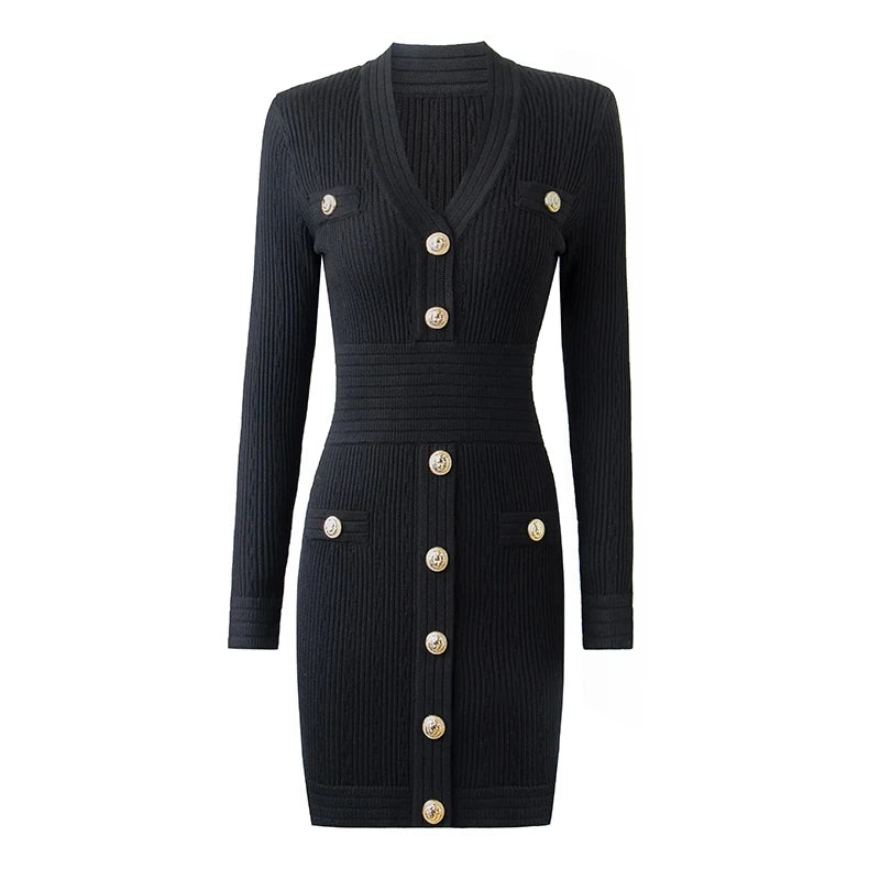 Knit Bandage Bodycon Black Mini Dress With Gold Buttons