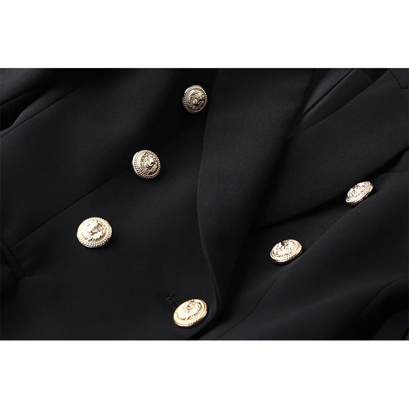 Textured Black Double Breasted Blazer With Gold Buttons - Slim Fit Jacket