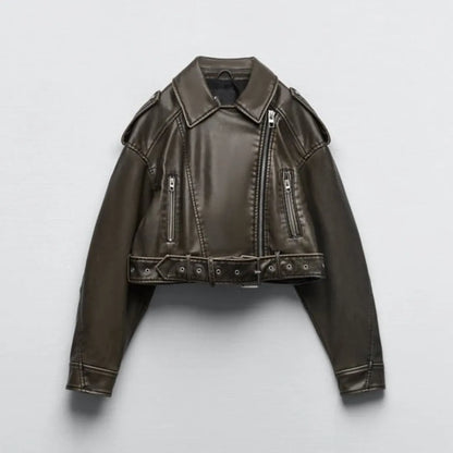 Cropped Faux PU Leather Biker Jacket