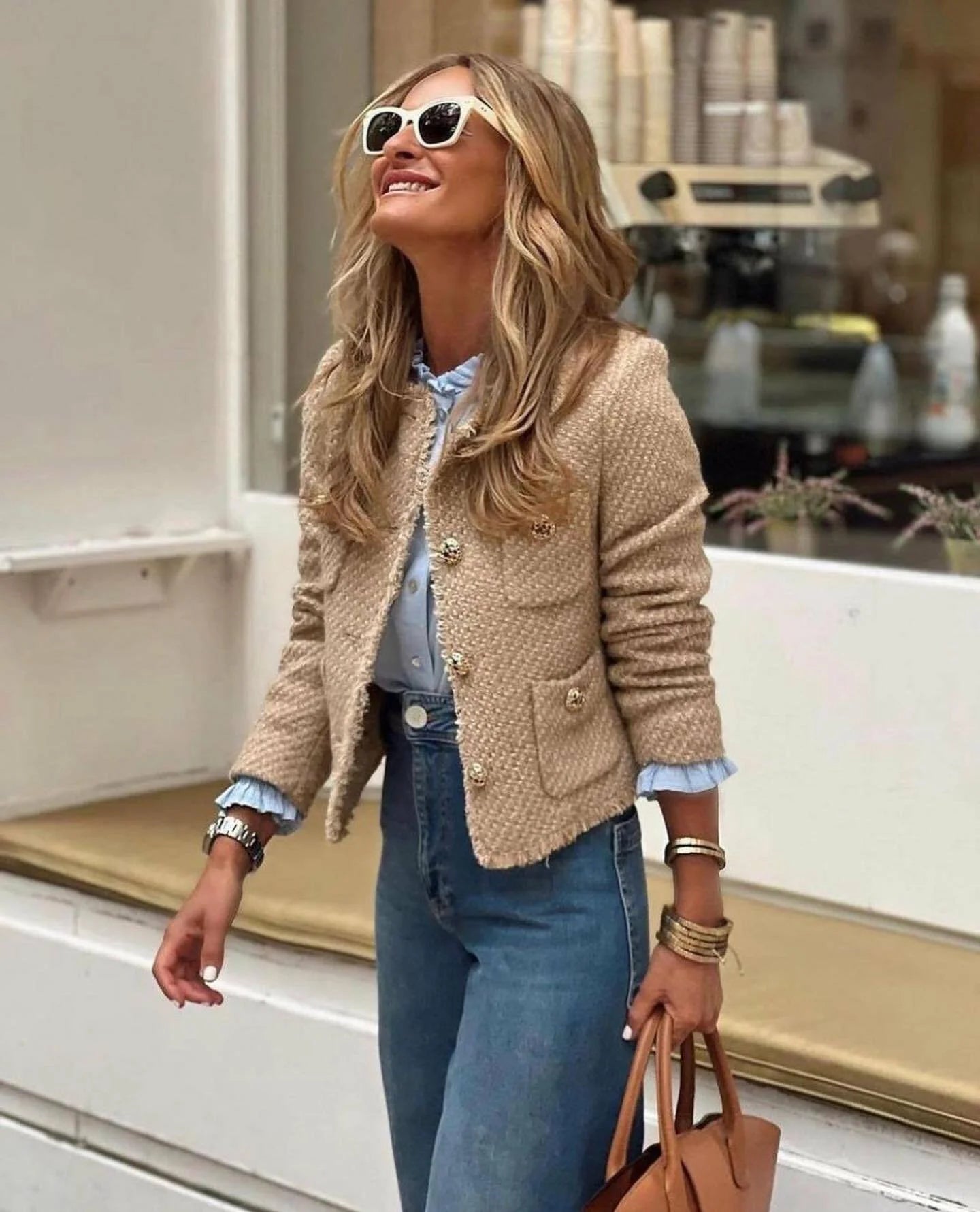 Women’s Tweed Woolen Jacket – Long Sleeve Button-Up