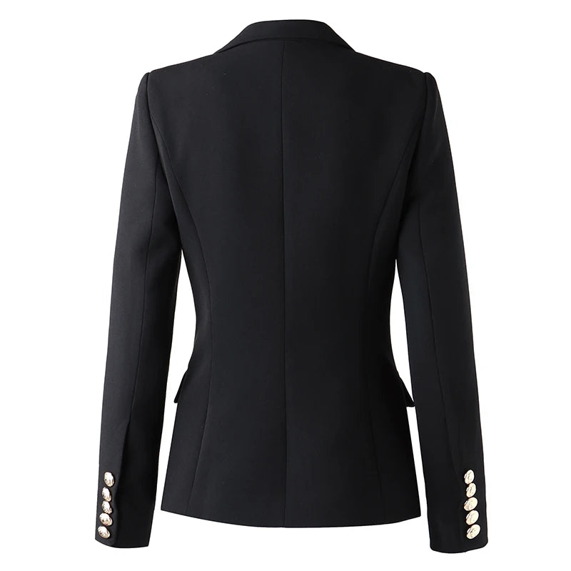 Textured Black Double Breasted Blazer With Gold Buttons - Slim Fit Jacket