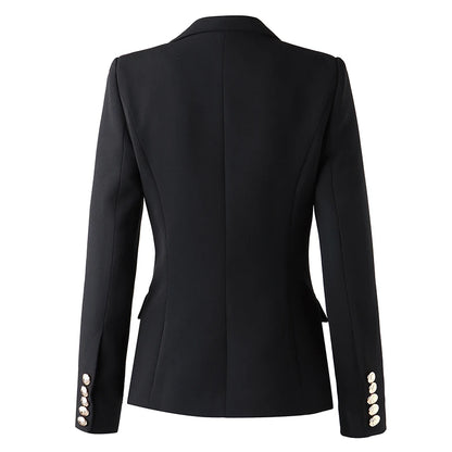 Textured Black Double Breasted Blazer With Gold Buttons - Slim Fit Jacket