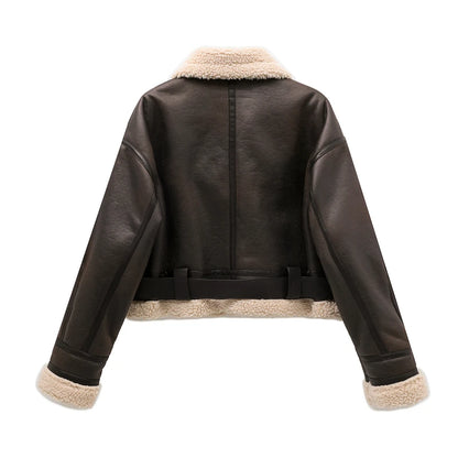 2024 Faux Lamb Leather Fur Jacket – Short Biker with Belt 
