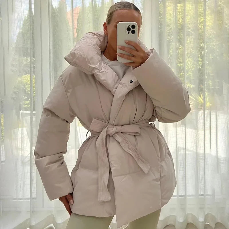 Thick Padded Parka Jacket - Tie Waist Coat with Collar