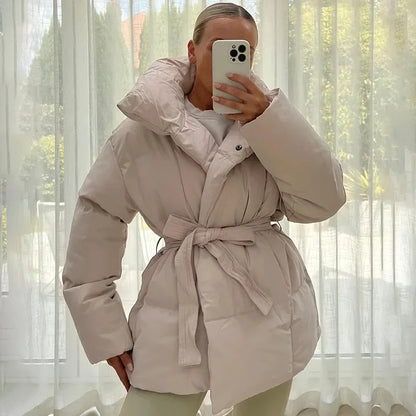 Thick Padded Parka Jacket - Tie Waist Coat with Collar