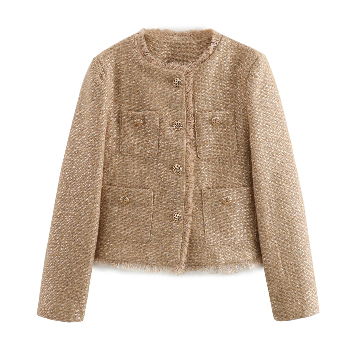 Women’s Tweed Woolen Jacket – Long Sleeve Button-Up