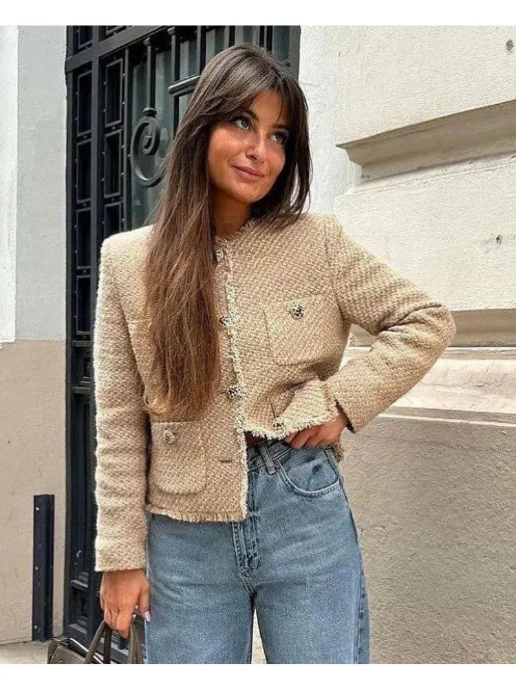 Women’s Tweed Woolen Jacket – Long Sleeve Button-Up