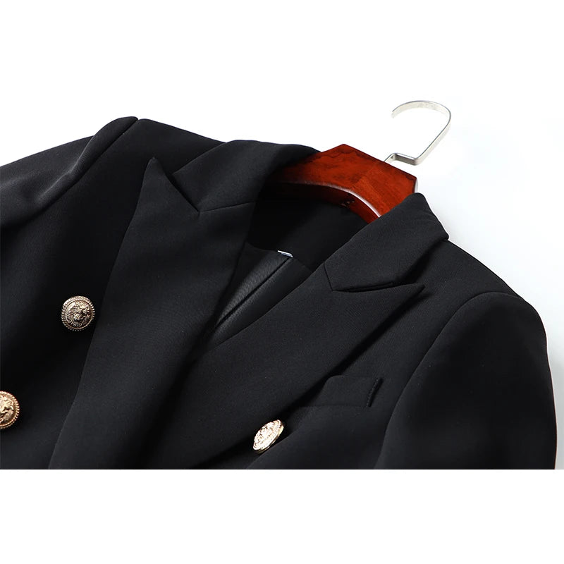 Textured Black Double Breasted Blazer With Gold Buttons - Slim Fit Jacket