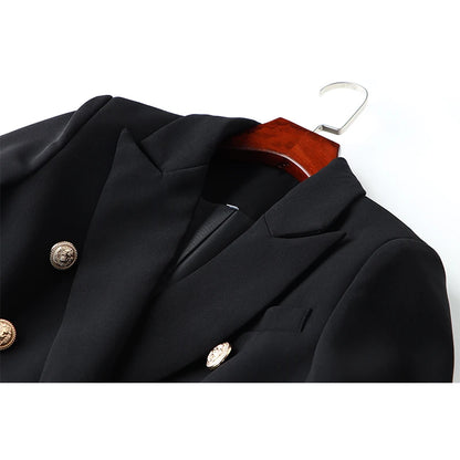 Textured Black Double Breasted Blazer With Gold Buttons - Slim Fit Jacket