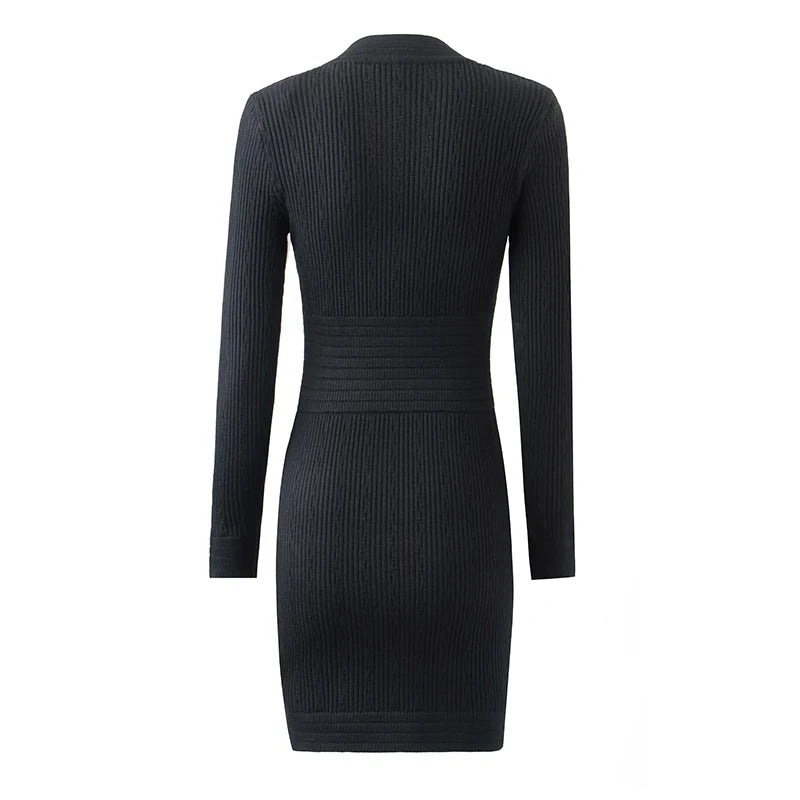 Knit Bandage Bodycon Black Mini Dress With Gold Buttons