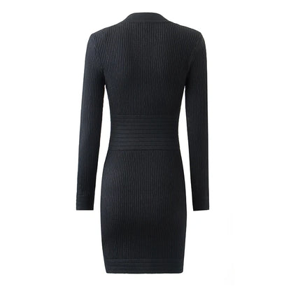 Knit Bandage Bodycon Black Mini Dress With Gold Buttons