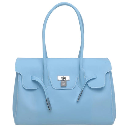 Light blue Jelly Firkin Bag with a silver clasp on a white background