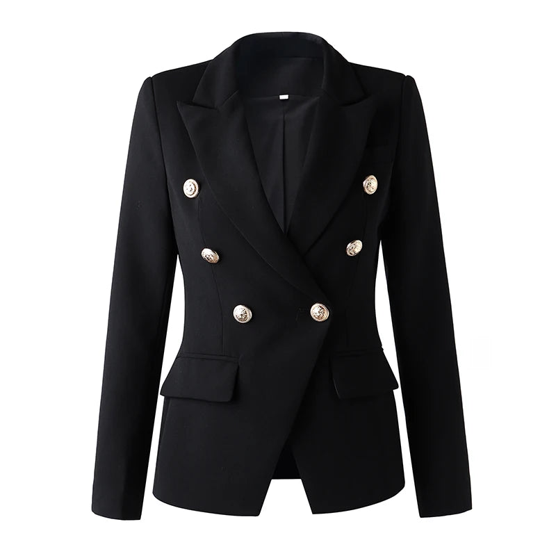 Textured Black Double Breasted Blazer With Gold Buttons - Slim Fit Jacket
