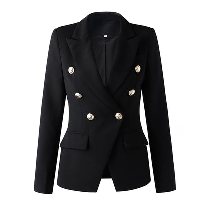 Textured Black Double Breasted Blazer With Gold Buttons - Slim Fit Jacket