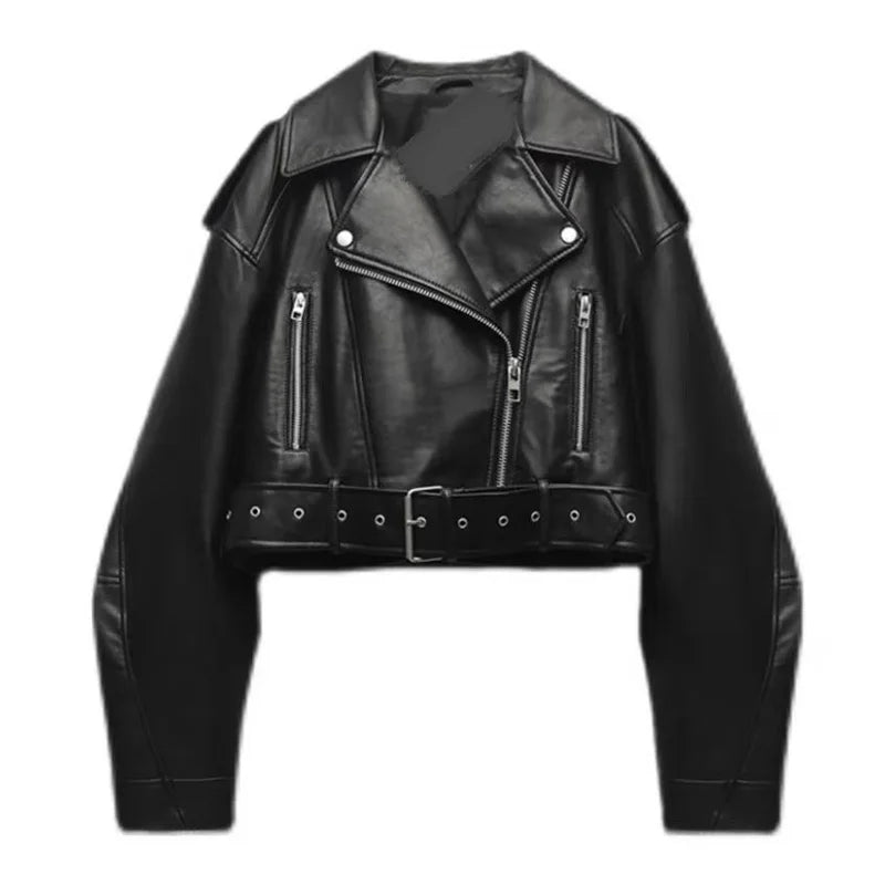 Cropped Faux PU Leather Biker Jacket