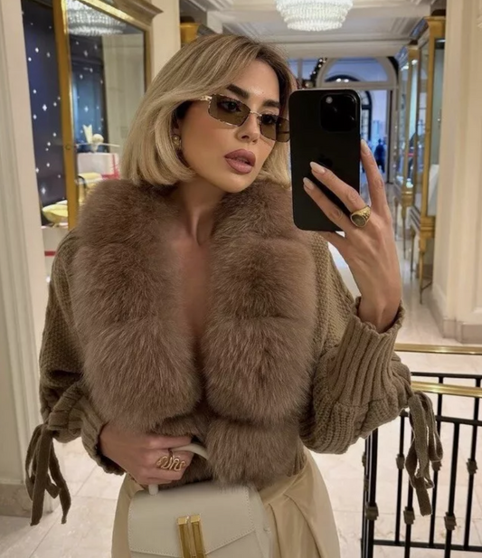 Italia Couture Viral faux fox fur cardigan cropped cashmere wool jumper boutique sweater - İtalia Couture 